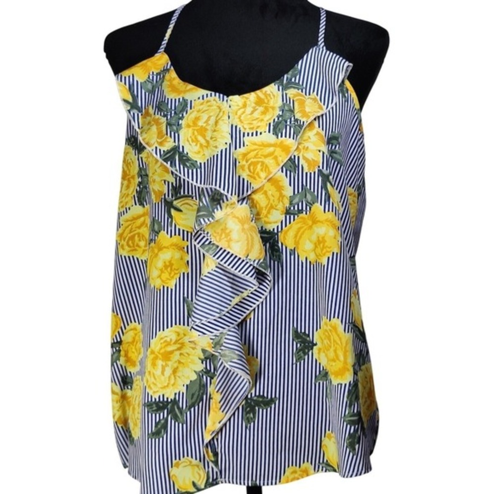 Time To Bloom Women's Floral Stripe‎ Ruffle Tank Top Size M romantic chic